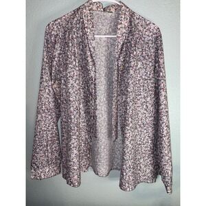 Vintage Abstract Confetti Print Tie Neck Blouse Long Sleeve ButtonUp Multi Color